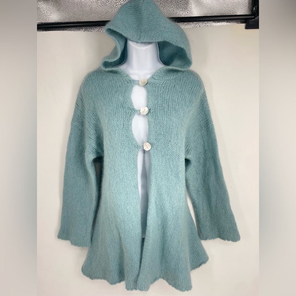 Soft Surroundings Mohair Wool Hooded Cardigan Sweater Blue Medium Fairy Whimsy